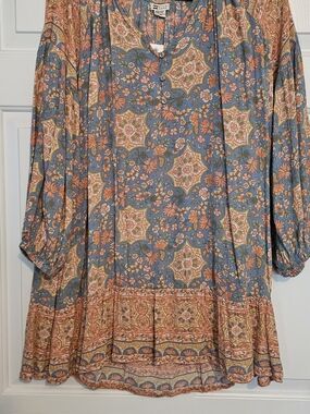 Billabong Blue and Peach Floral Long Sleeve Peasant Dress